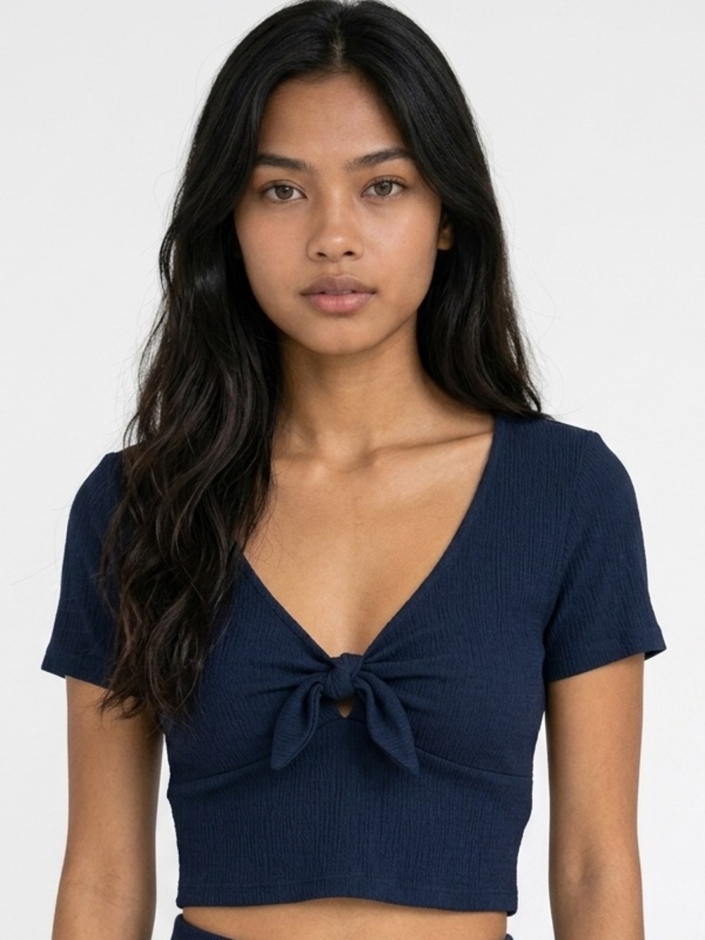 LOVE TREE | Navy Blue Deep Plunge Tie Front Top Short Sleeve Women’s Size Large
